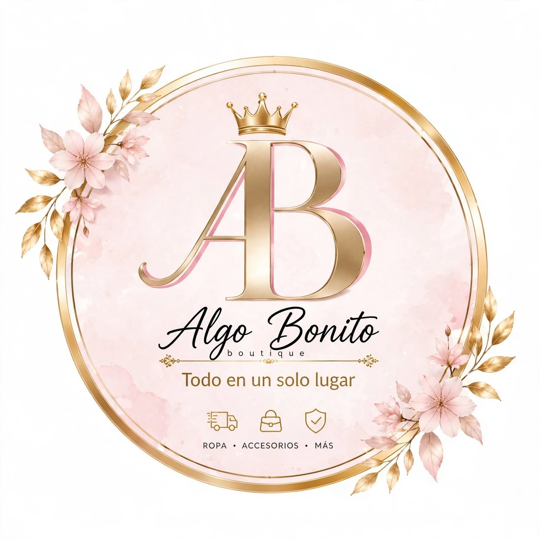 Logo circular de Algo Bonito boutique: monograma dorado AB con corona, Todo en un solo lugar